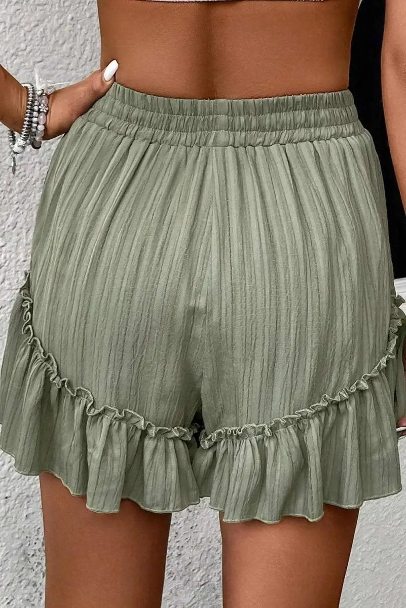 Love Salve Green Ruffle Shorts Women's Casual Summer Bottoms: Textured, Tie-Waist
