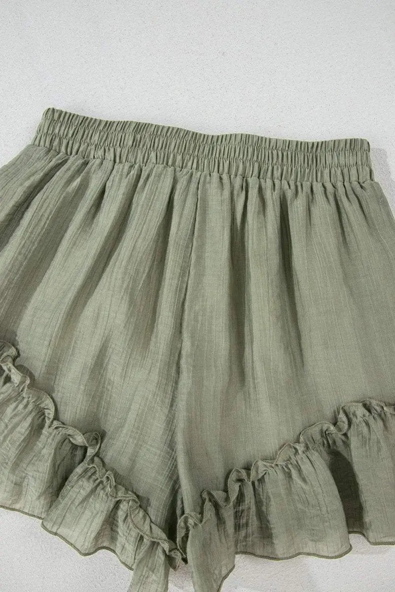 Love Salve Green Ruffle Shorts Women's Casual Summer Bottoms: Textured, Tie-Waist