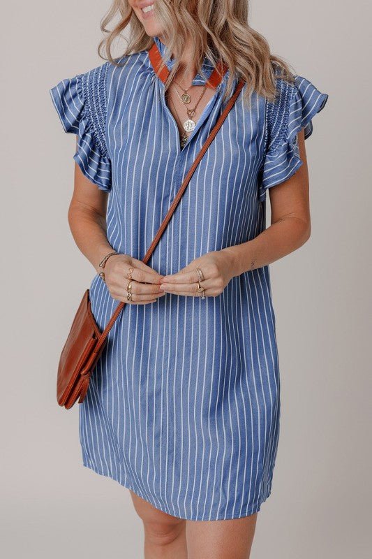 Leah Stripe Frilly Split Neck Shirred Ruffle Sleev