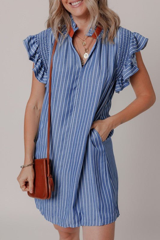 Leah Stripe Frilly Split Neck Shirred Ruffle Sleev