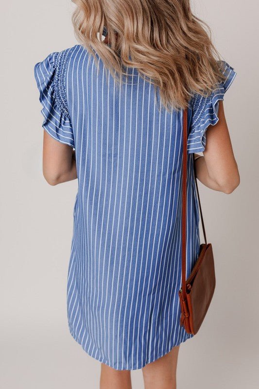 Leah Stripe Frilly Split Neck Shirred Ruffle Sleev