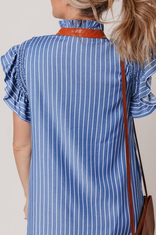 Leah Stripe Frilly Split Neck Shirred Ruffle Sleev