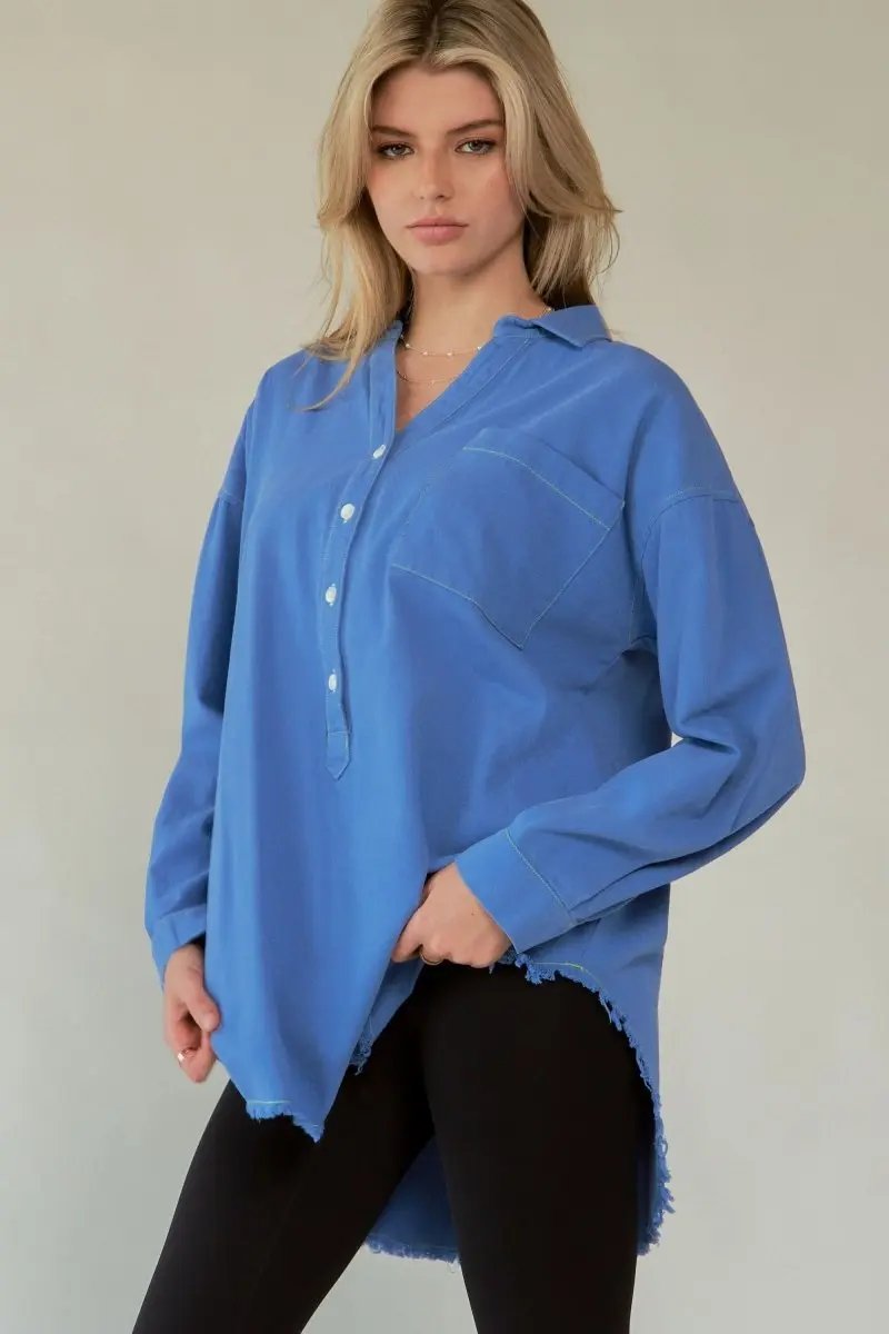 Lettered Button-Up Shirt - Raw Hem - Women's Trendy & Comfy