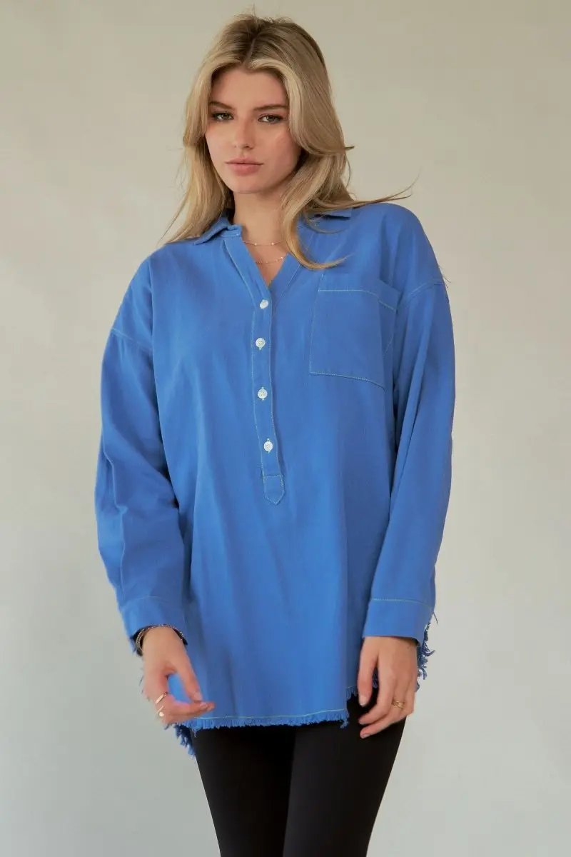 Lettered Button-Up Shirt - Raw Hem - Women's Trendy & Comfy