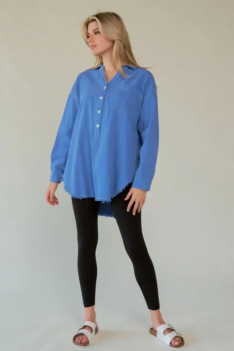 Lettered Button-Up Shirt - Raw Hem - Women's Trendy & Comfy