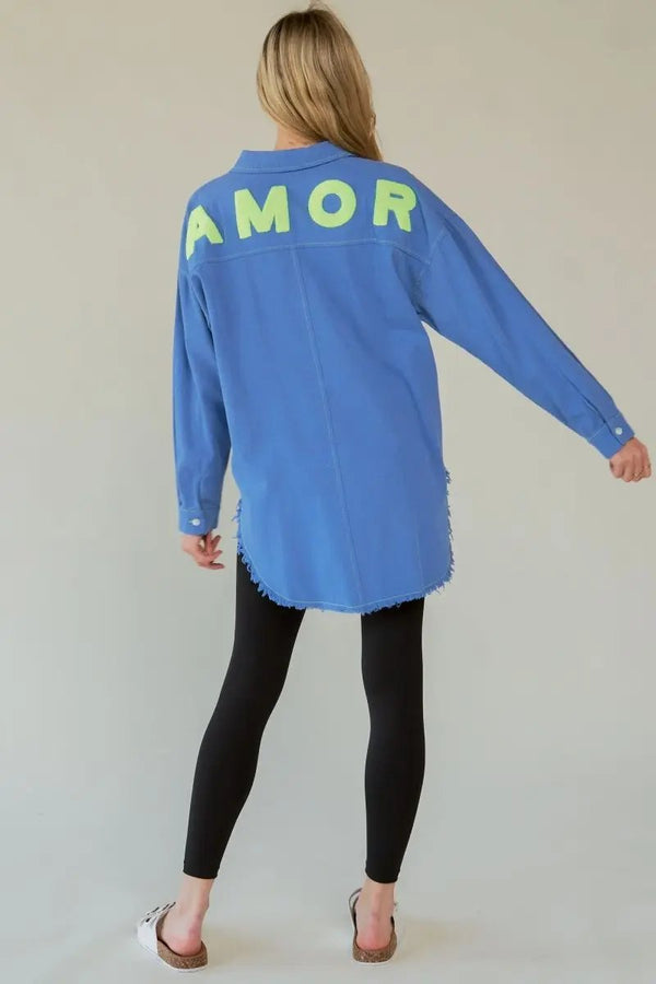 Lettered Button-Up Shirt - Raw Hem - Women's Trendy & Comfy