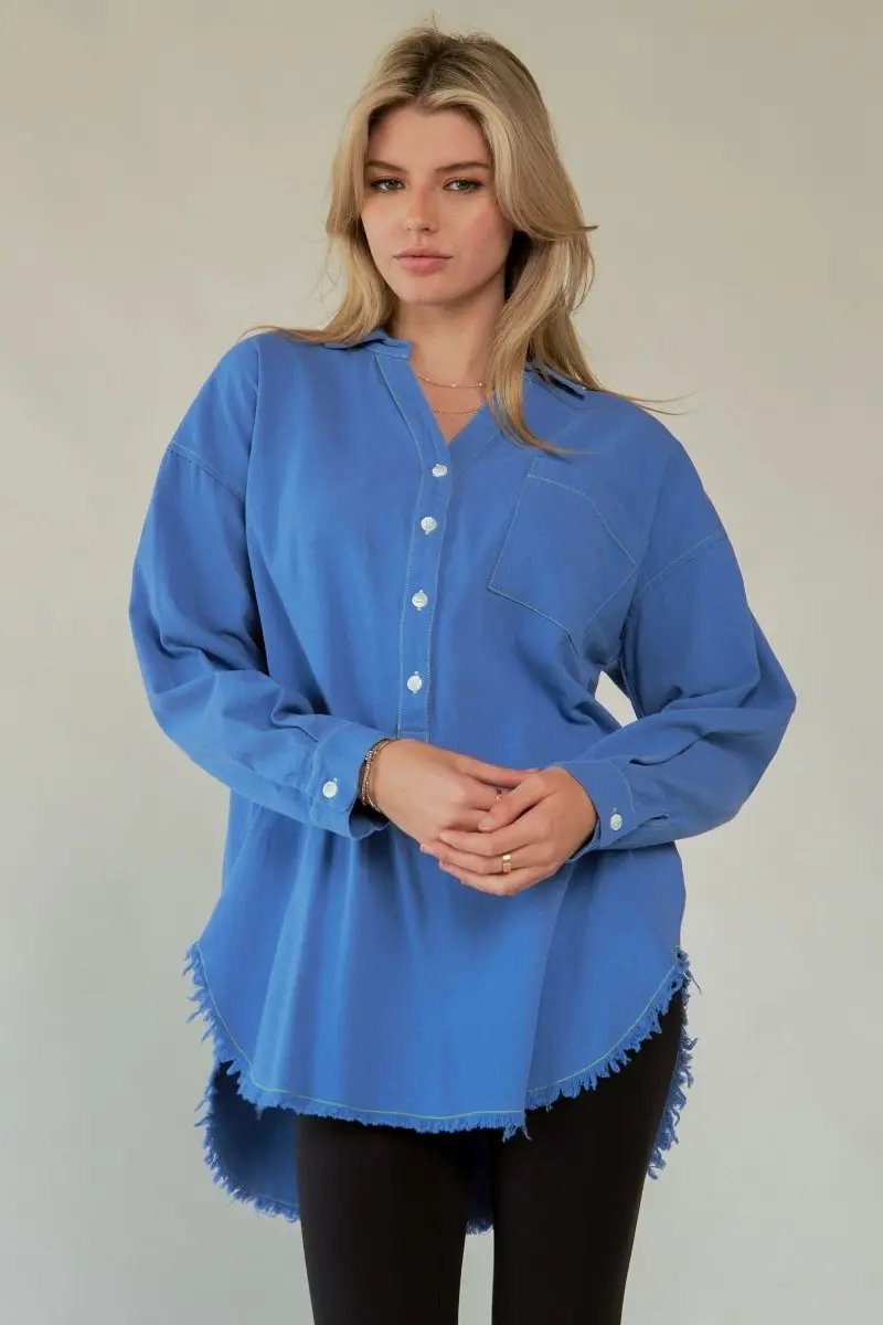 Lettered Button-Up Shirt - Raw Hem - Women's Trendy & Comfy