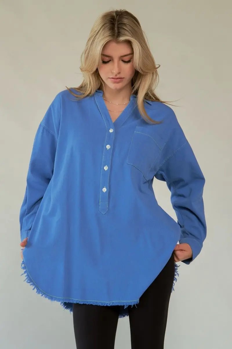 Lettered Button-Up Shirt - Raw Hem - Women's Trendy & Comfy
