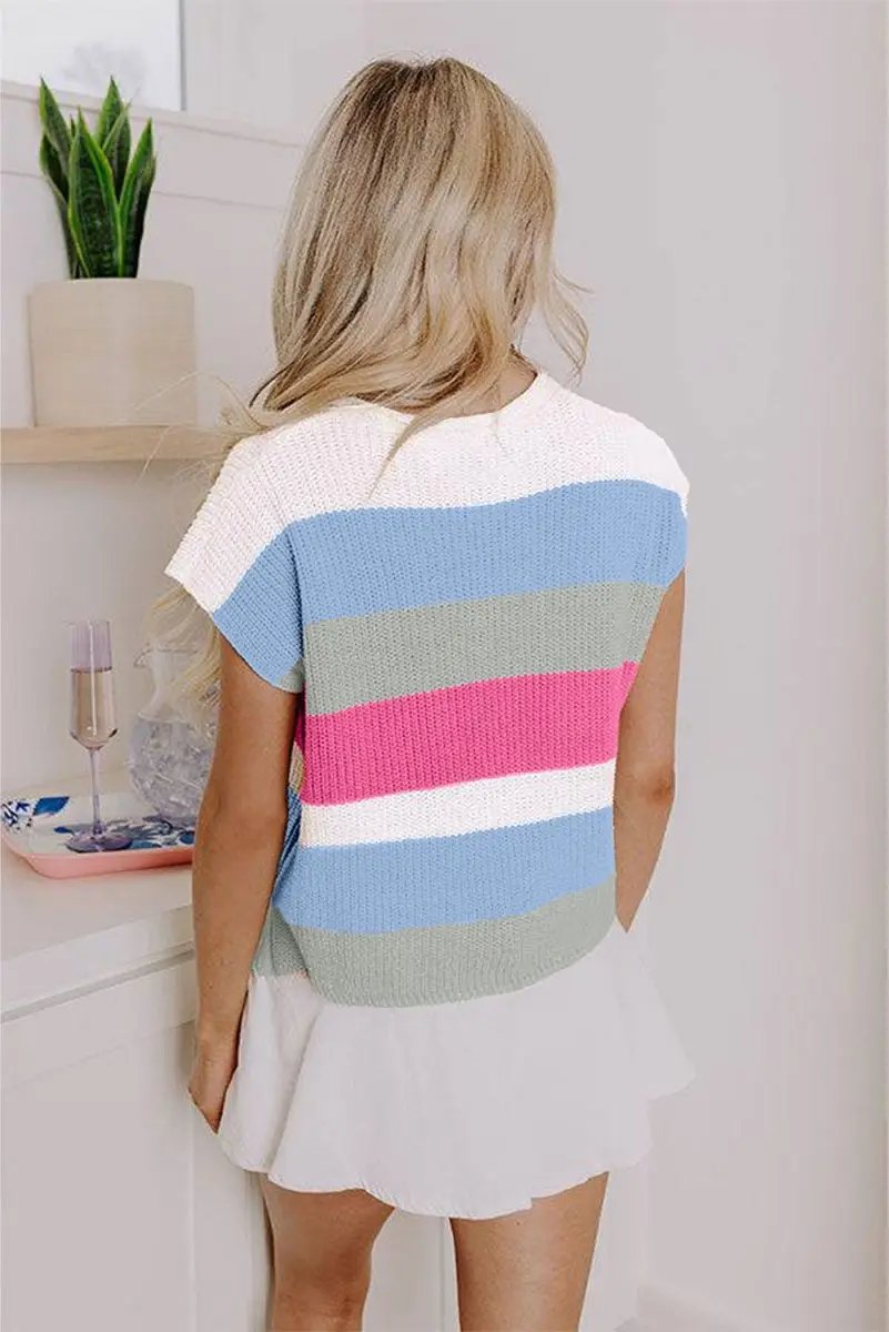 Love Salve Light Blue Color Block Women's Knit Tee: Daily Casual, V-Neck, Summer