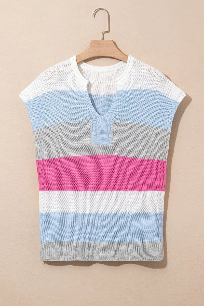Love Salve Light Blue Color Block Women's Knit Tee: Daily Casual, V-Neck, Summer