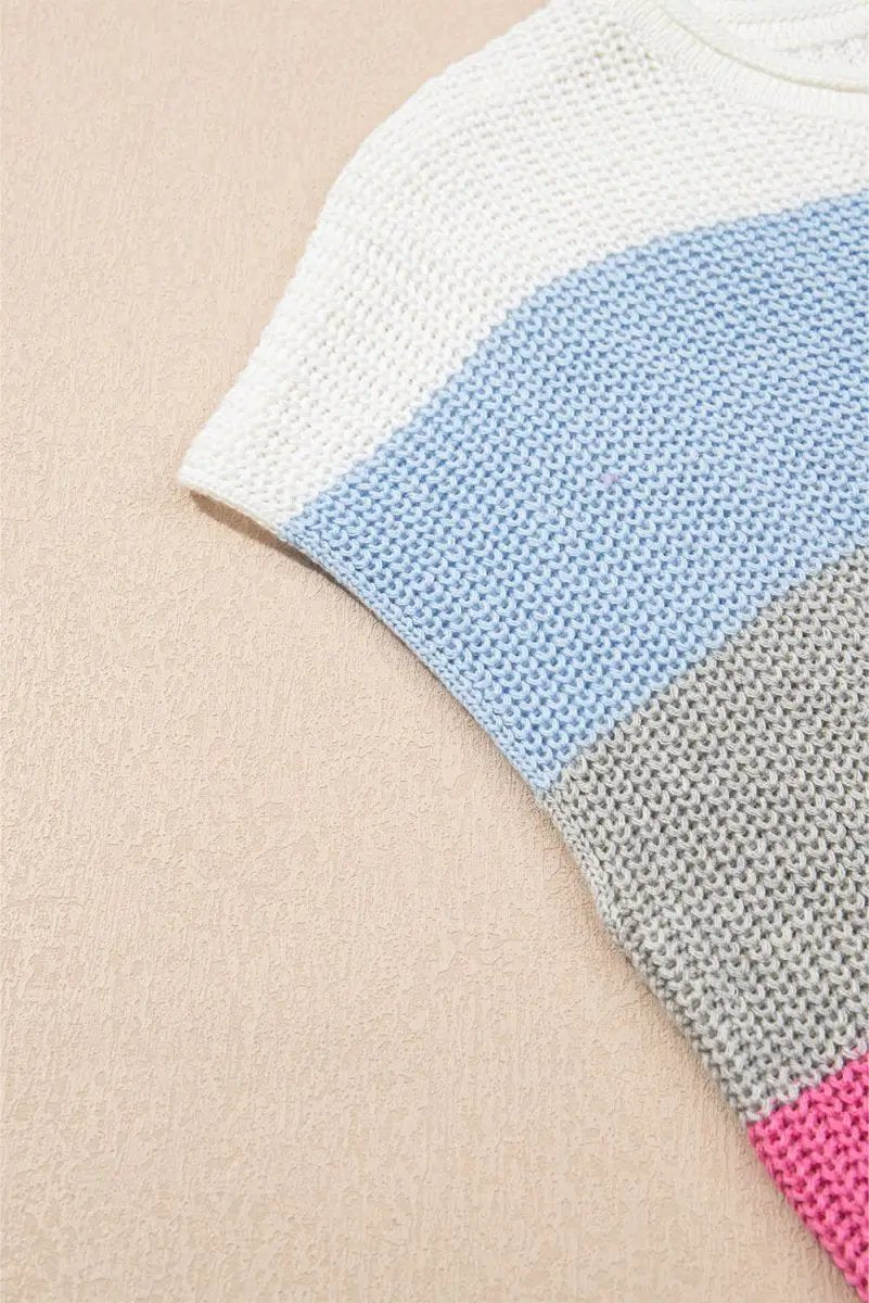 Love Salve Light Blue Color Block Women's Knit Tee: Daily Casual, V-Neck, Summer