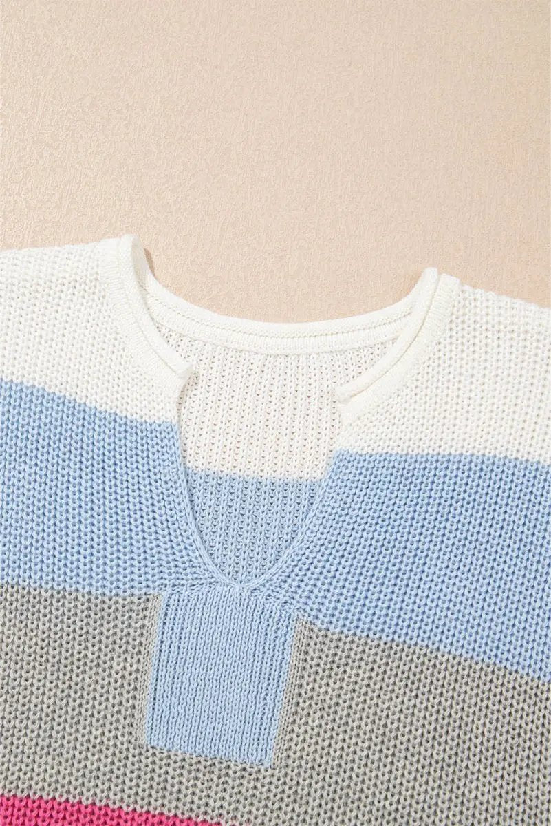 Love Salve Light Blue Color Block Women's Knit Tee: Daily Casual, V-Neck, Summer