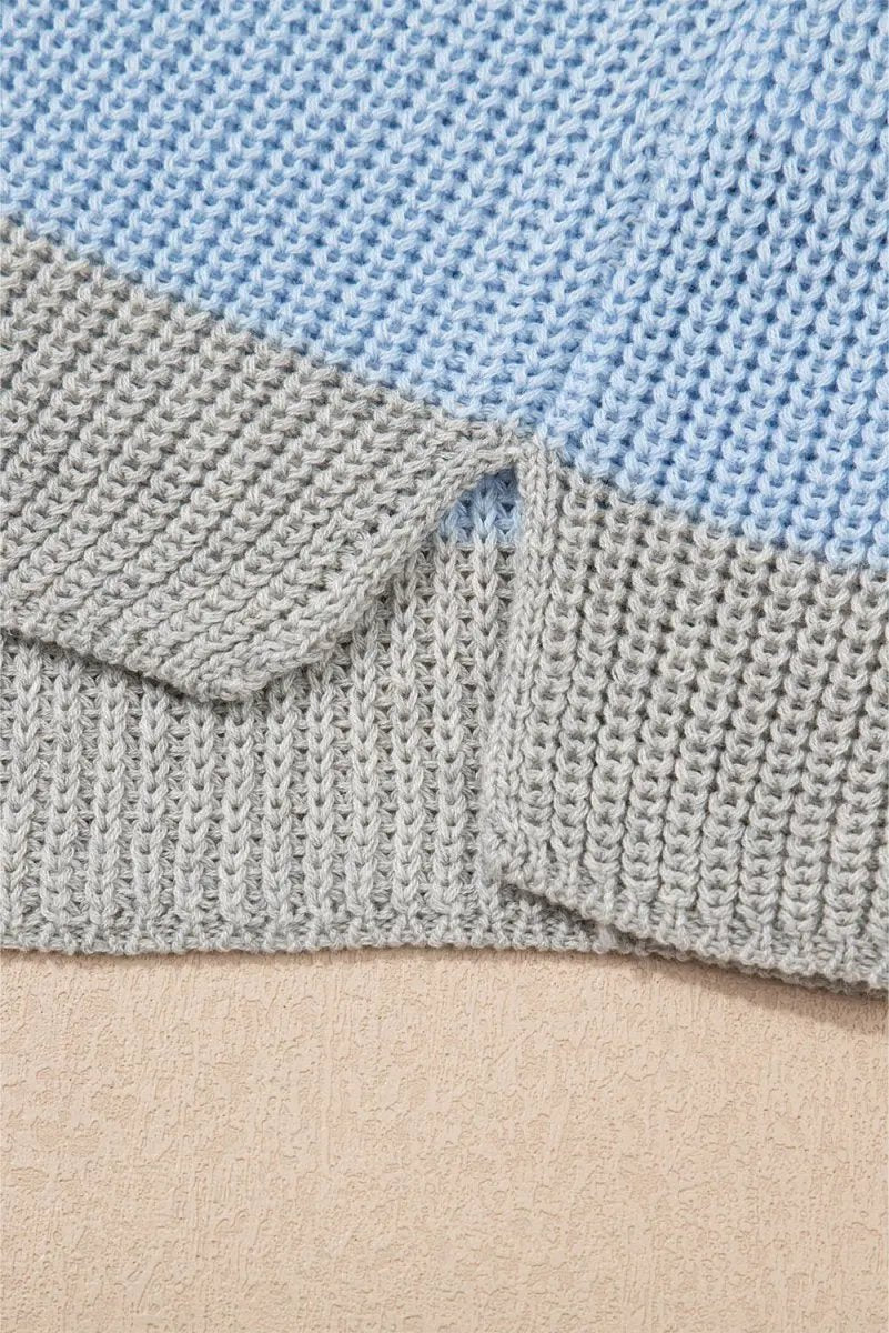 Love Salve Light Blue Color Block Women's Knit Tee: Daily Casual, V-Neck, Summer