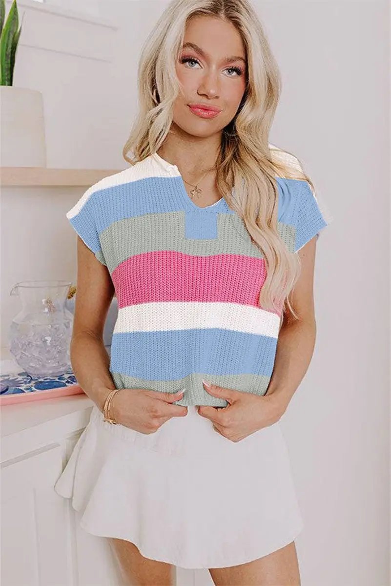 Love Salve Light Blue Color Block Women's Knit Tee: Daily Casual, V-Neck, Summer