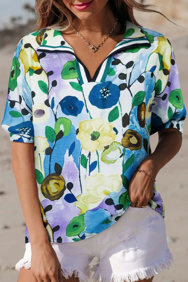 Love Salve Blue Floral Women's Top Daily Southern Belle Blouse Cute, Summer Ready