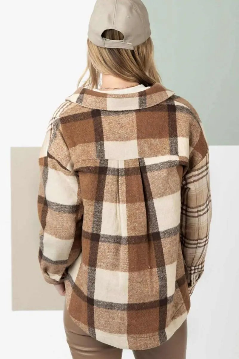 Love Salve Beige Plaid Flannel Shacket Women's Casual Winter Top: Soft & Stylish