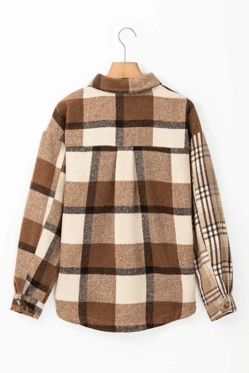Love Salve Beige Plaid Flannel Shacket Women's Casual Winter Top: Soft & Stylish