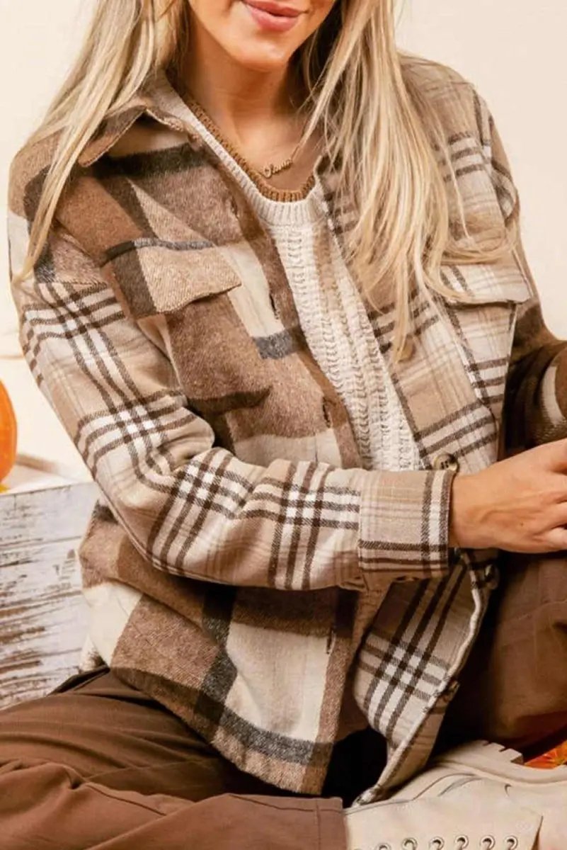 Love Salve Beige Plaid Flannel Shacket Women's Casual Winter Top: Soft & Stylish