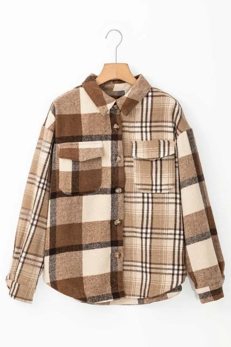 Love Salve Beige Plaid Flannel Shacket Women's Casual Winter Top: Soft & Stylish