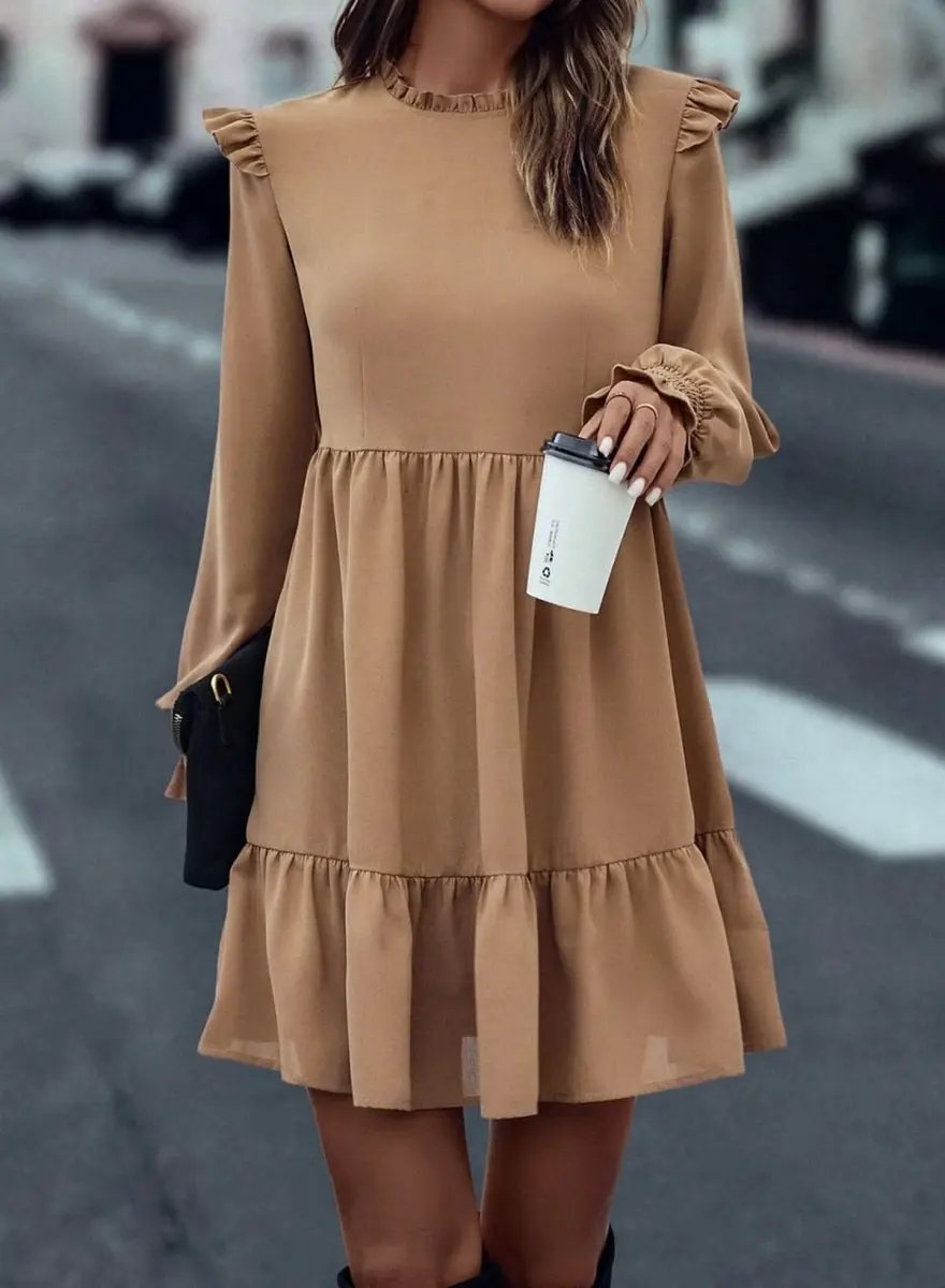 Love Salve Beige Ruffled Dress Daily Wear Women's A-Line Dress Elegant, Frilled