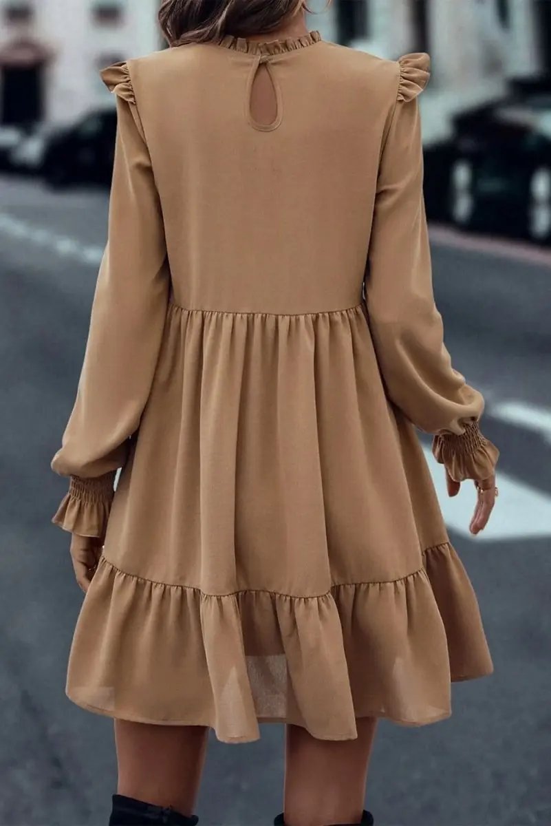 Love Salve Beige Ruffled Dress Daily Wear Women's A-Line Dress Elegant, Frilled