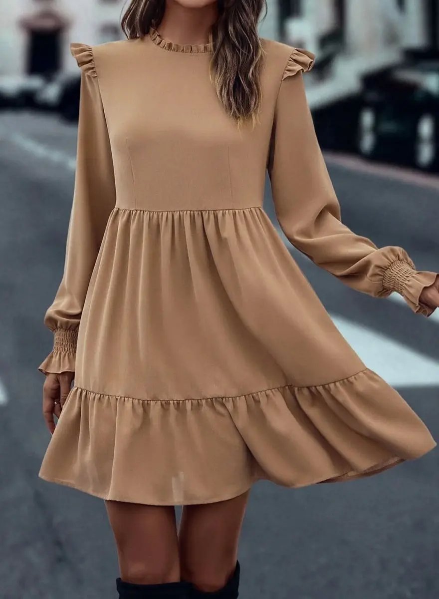 Love Salve Beige Ruffled Dress Daily Wear Women's A-Line Dress Elegant, Frilled