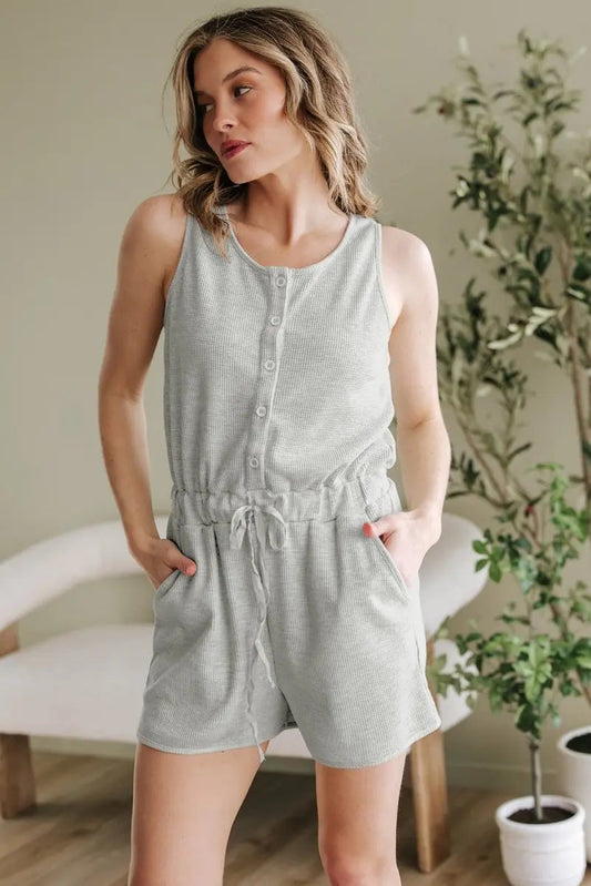 Love Salve Grey Waffle Romper Women's Daily Wear One-Piece: Drawstring Waist, Sleeveless