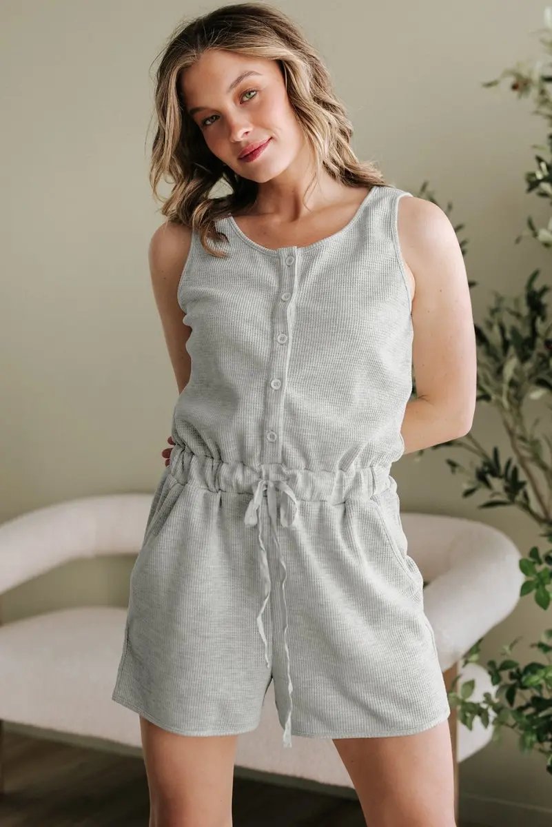 Love Salve Grey Waffle Romper Women's Daily Wear One-Piece: Drawstring Waist, Sleeveless