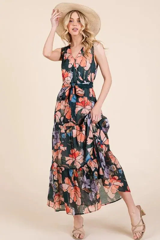 Trendsi Lime Floral Dress Women's Summer Maxi Dress Tie Waist Sleeveless