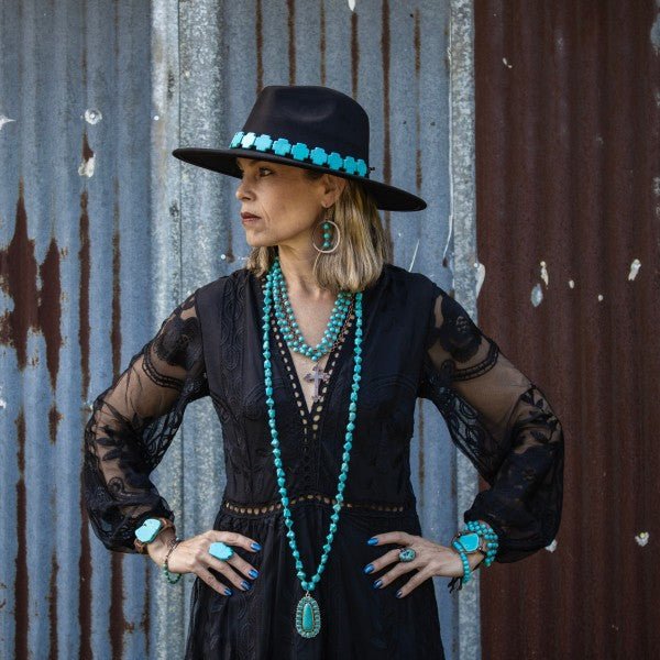 Long Western Turqu Necklace w Squash Blossom Penda