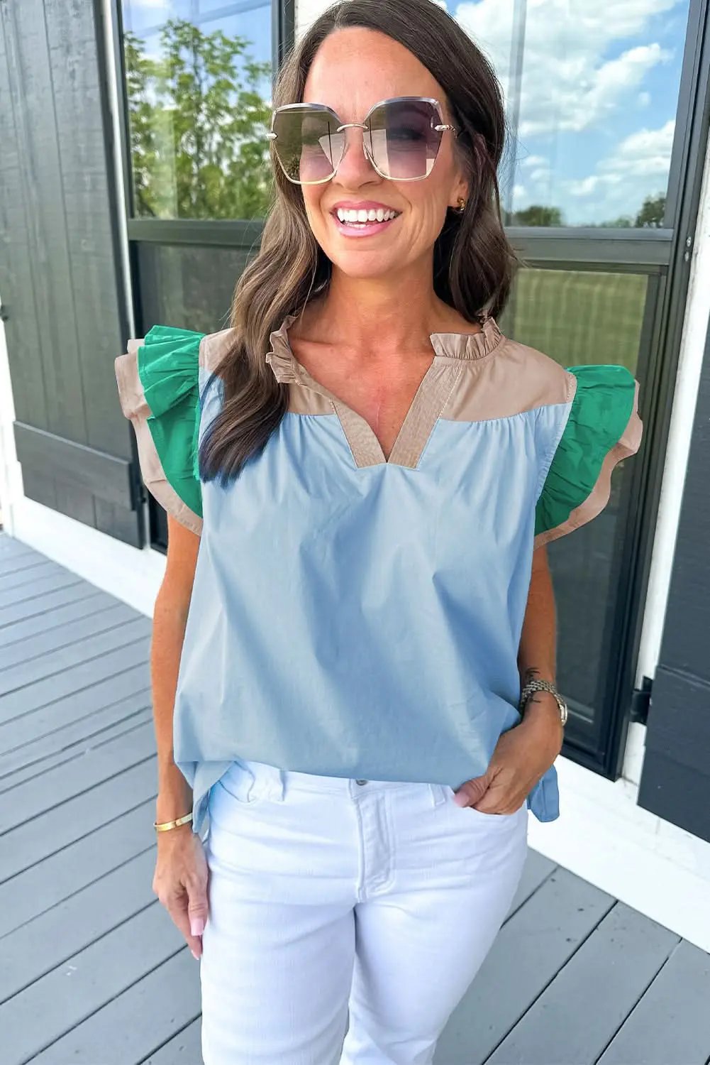 Love Salve Mist blue ruffled frill blouse