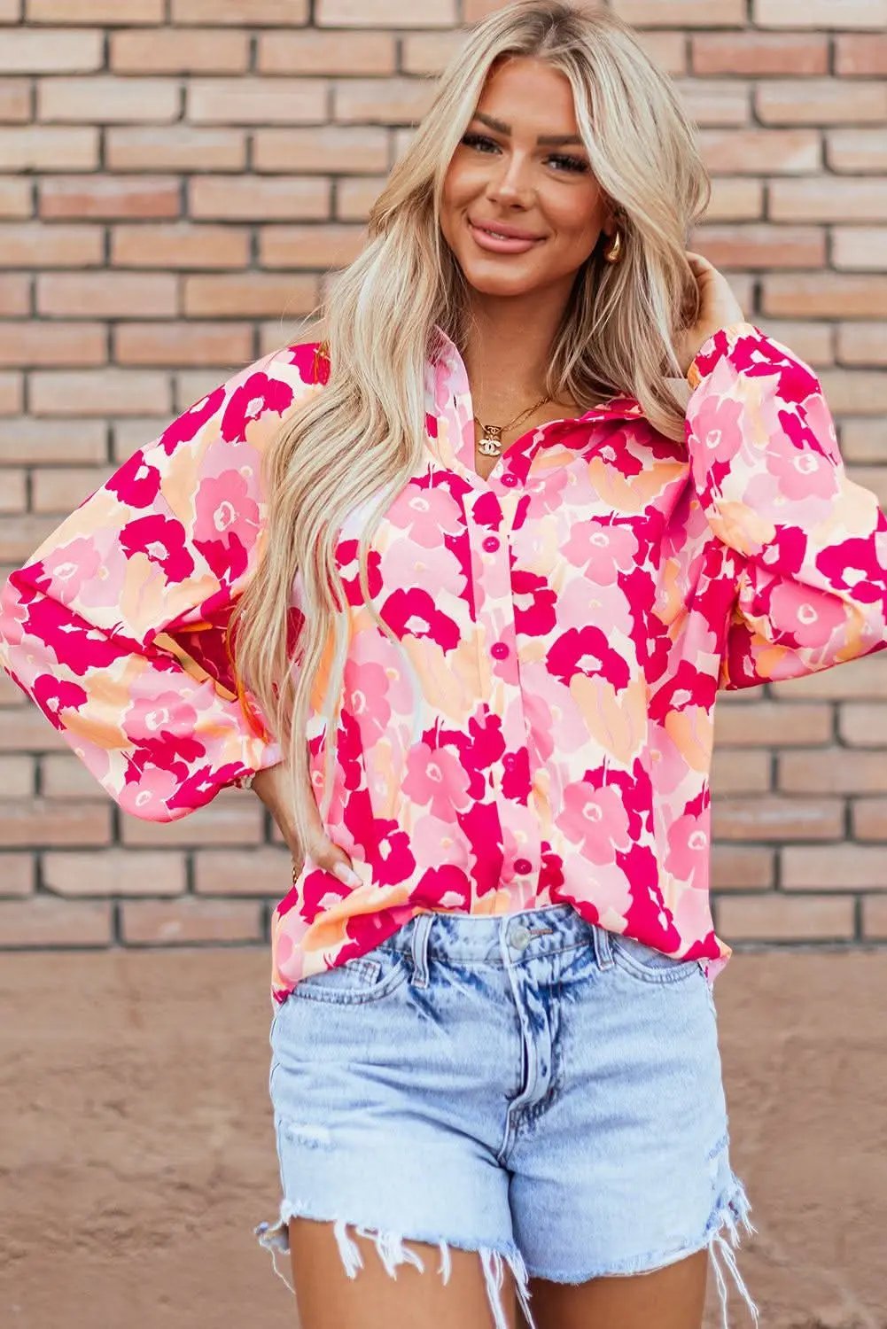 Love Salve Chic pink floral puff sleeve shirt
