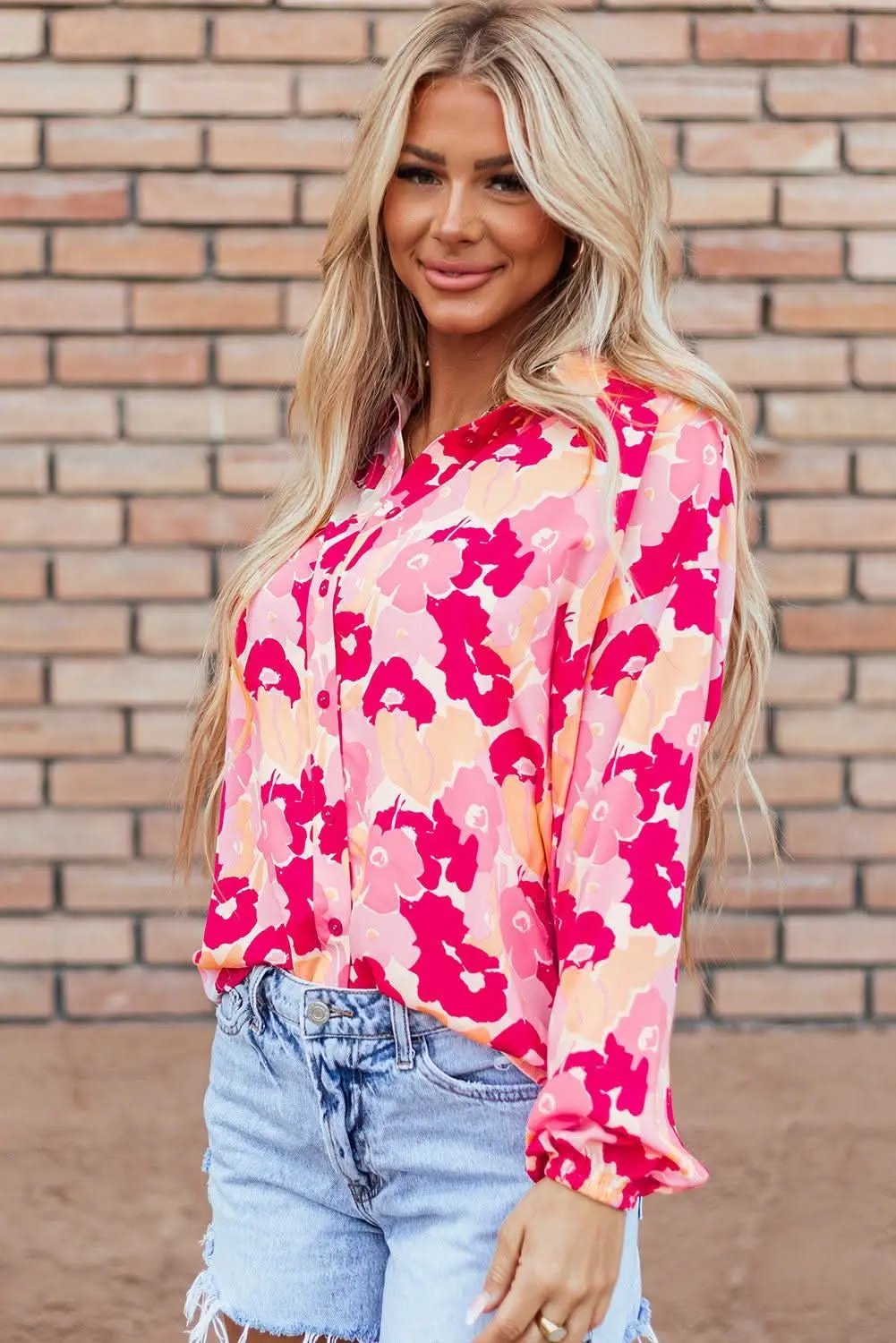 Love Salve Chic pink floral puff sleeve shirt