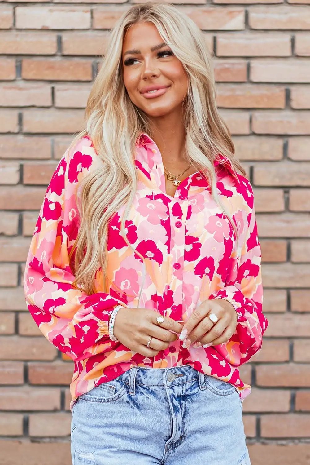 Love Salve Chic pink floral puff sleeve shirt