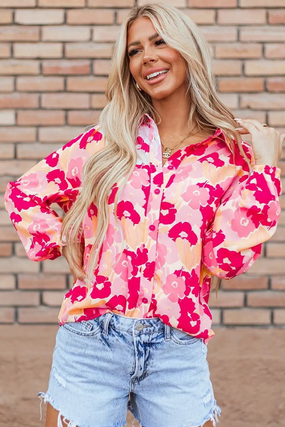 Love Salve Chic pink floral puff sleeve shirt