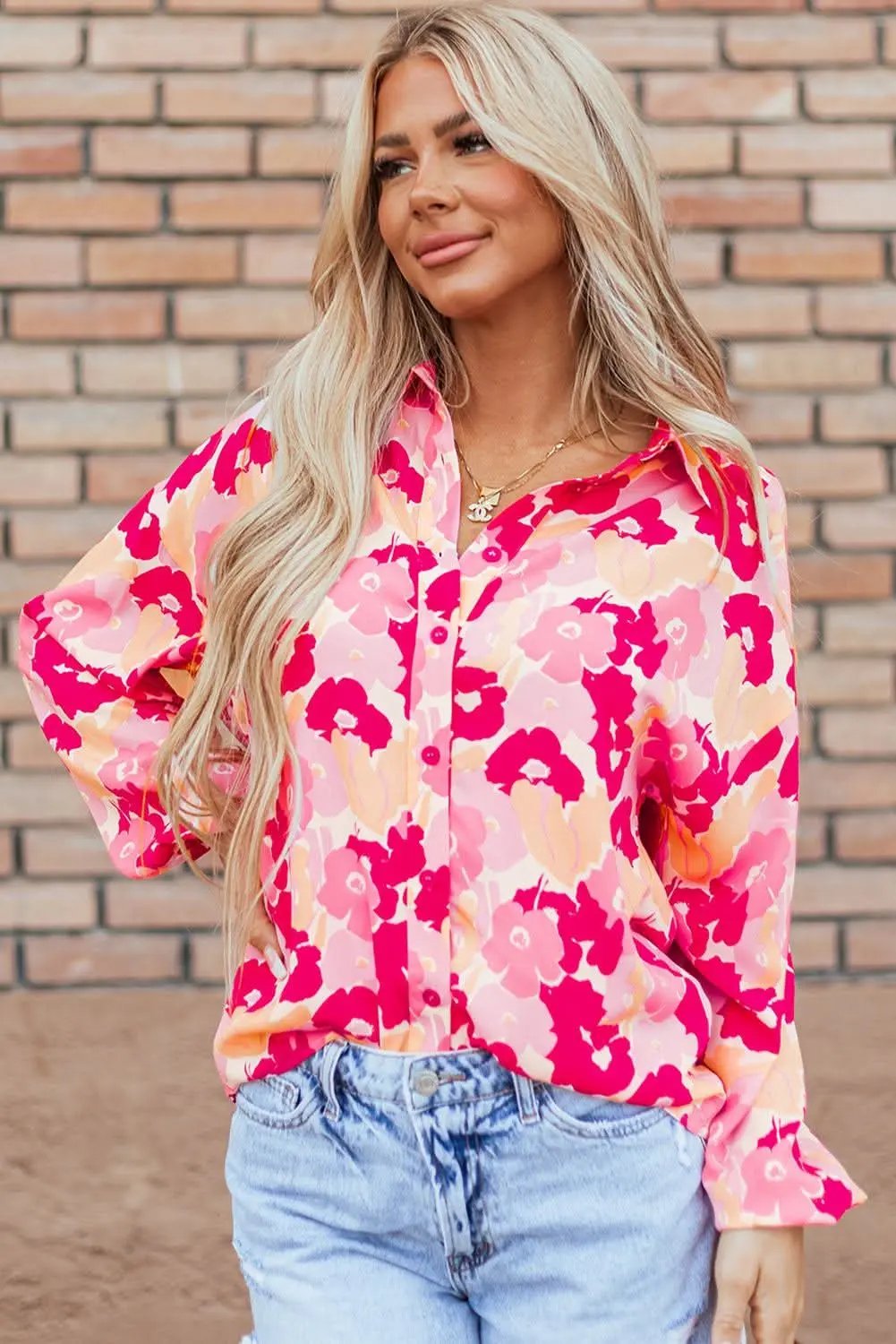 Love Salve Chic pink floral puff sleeve shirt