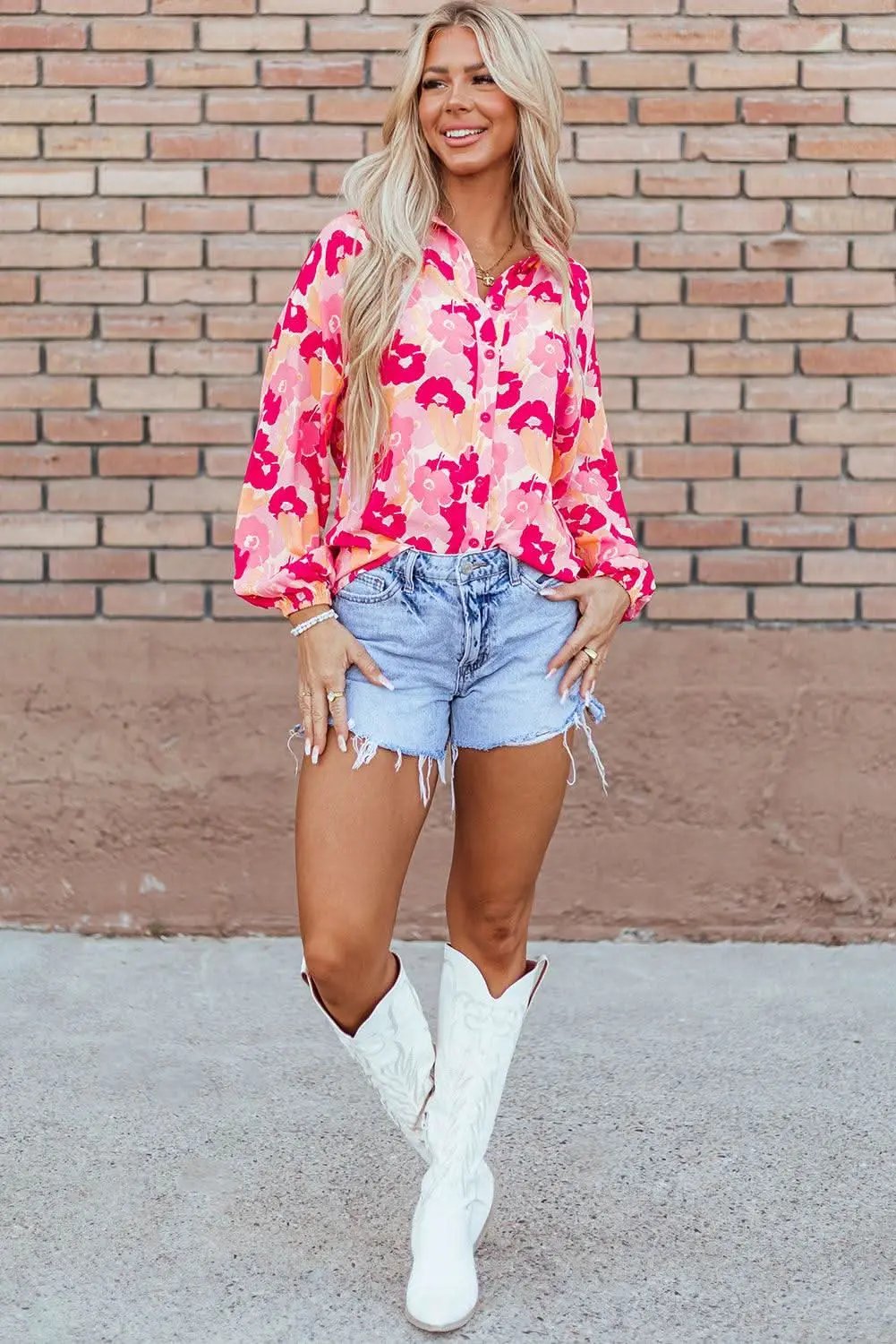 Love Salve Chic pink floral puff sleeve shirt