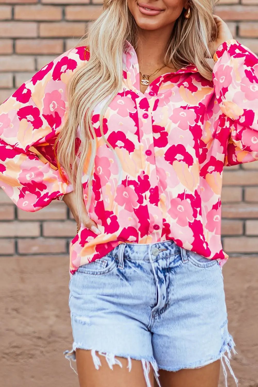 Love Salve Chic pink floral puff sleeve shirt