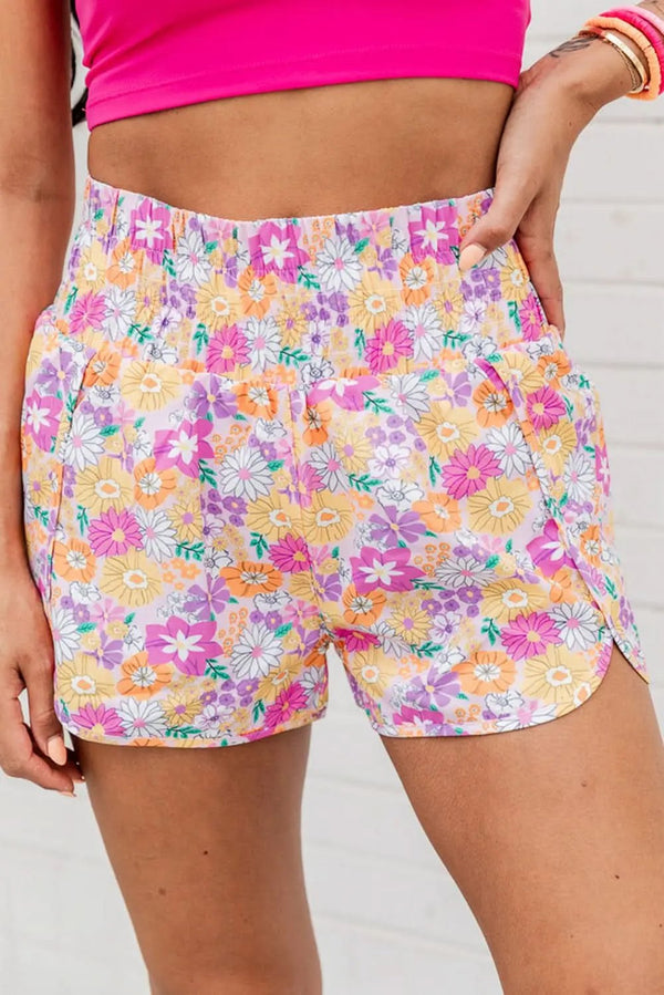 Love Salve Pink Boho Floral Shirred High Waist Casual Shorts