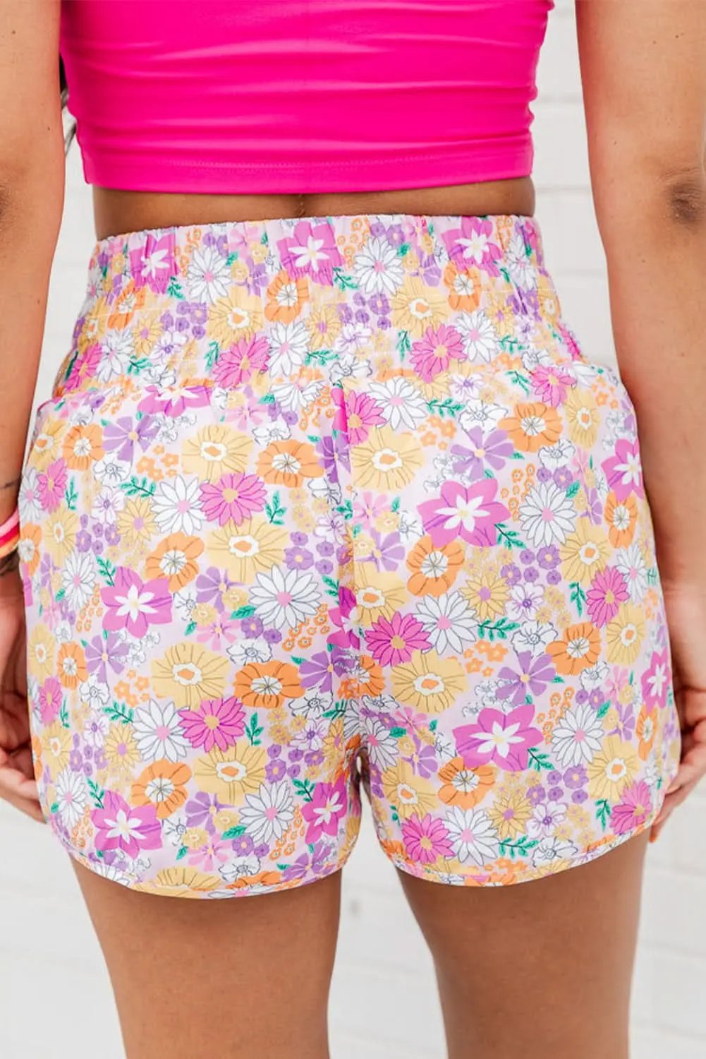 Love Salve Pink Boho Floral Shirred High Waist Casual Shorts