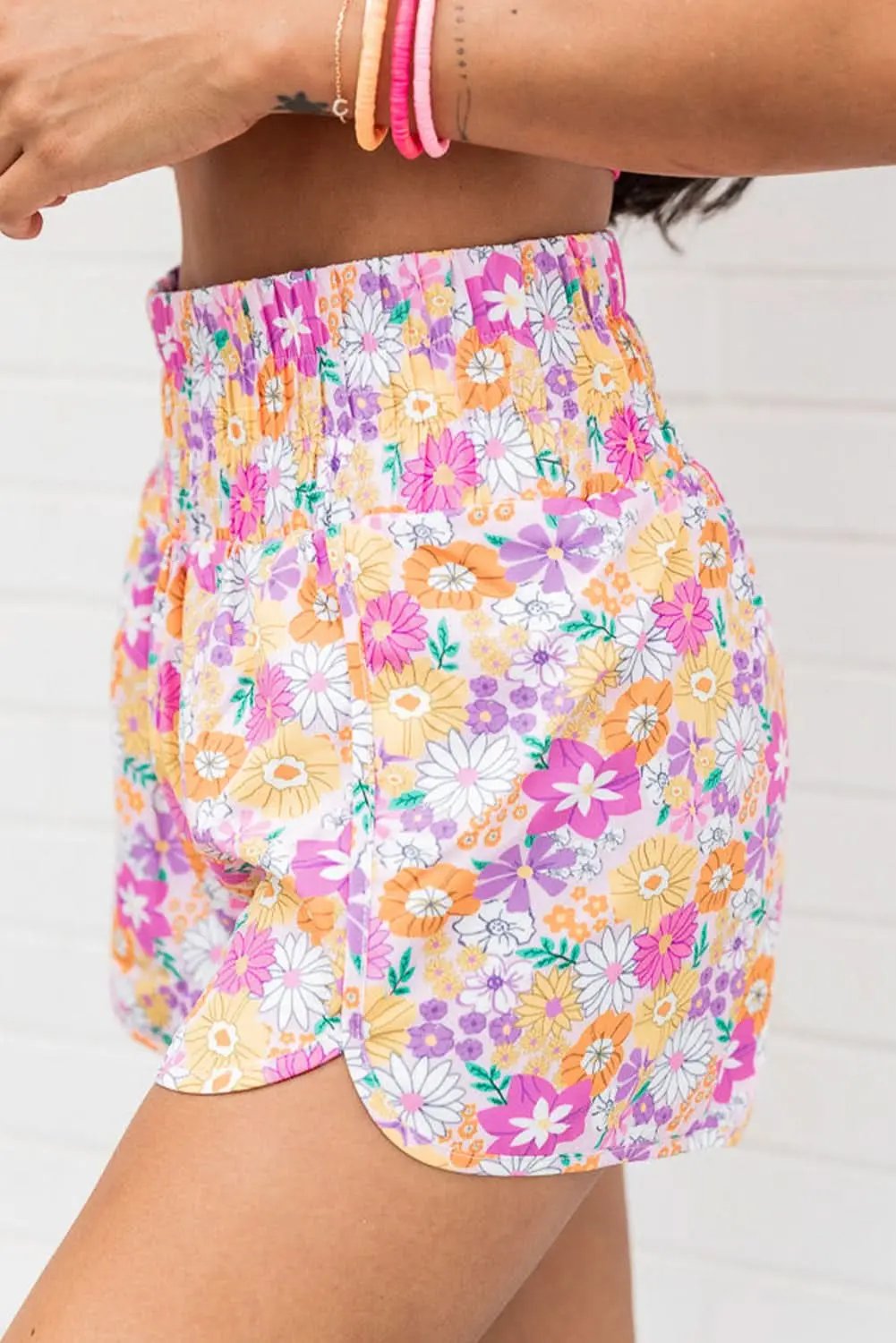 Love Salve Pink Boho Floral Shirred High Waist Casual Shorts