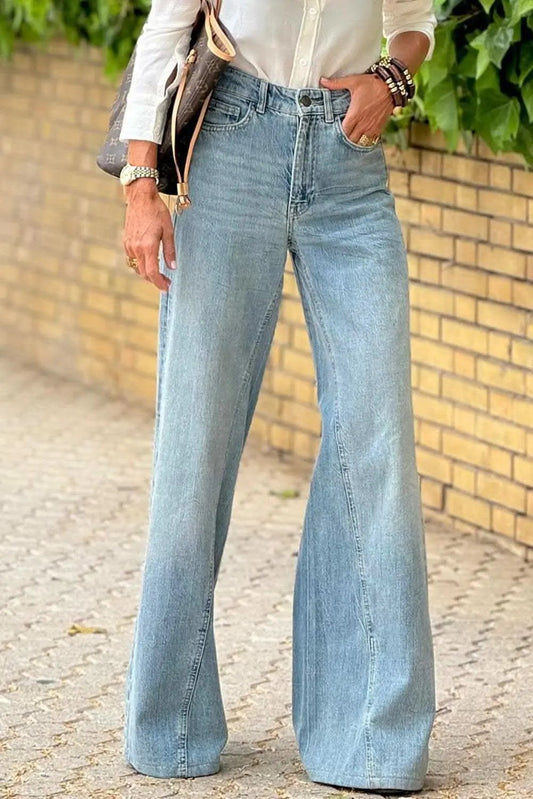 Love Salve Dusk Blue Denim Women's High-Rise Jeans: Edgy & Trendy Wide-Leg Style