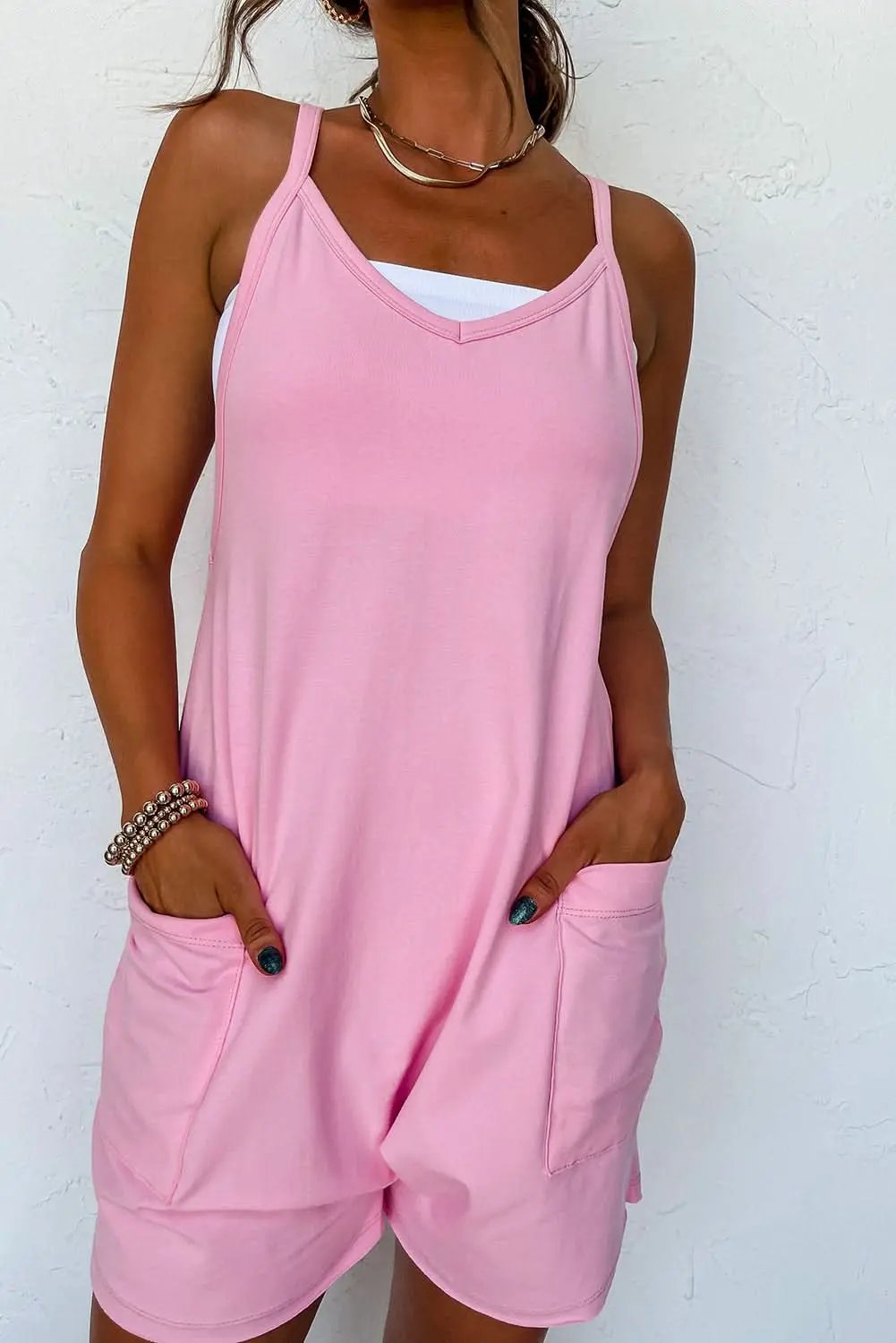 Love Salve Pink Sleeveless Pocketed V Neck Jersey Romper