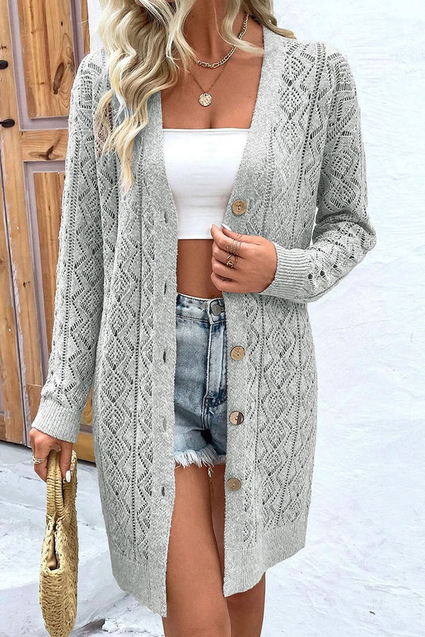 Love Salve Gray Long Cardigan Women's Daily Duster Casual Knitwear - Button Detail