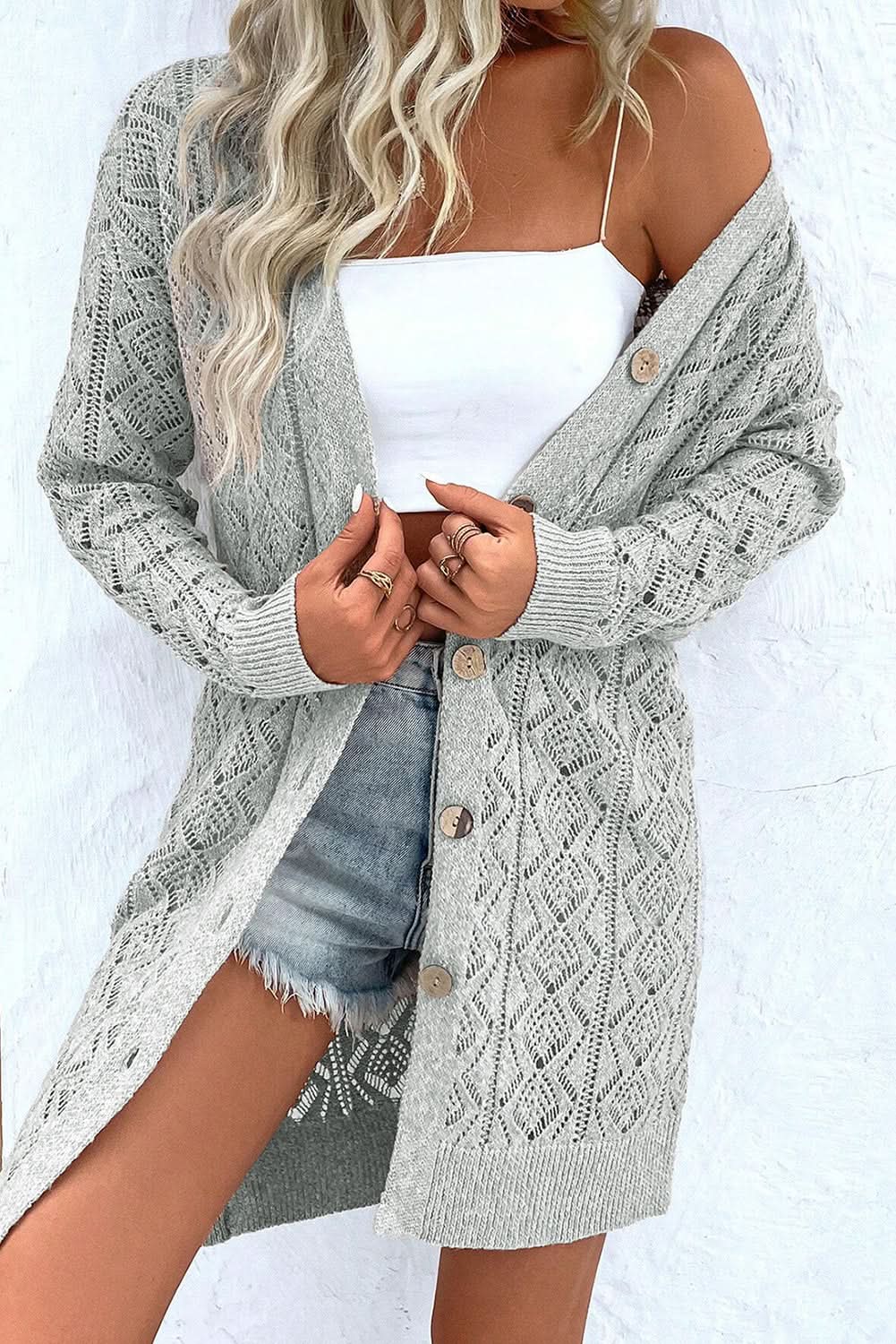 Love Salve Gray Long Cardigan Women's Daily Duster Casual Knitwear - Button Detail