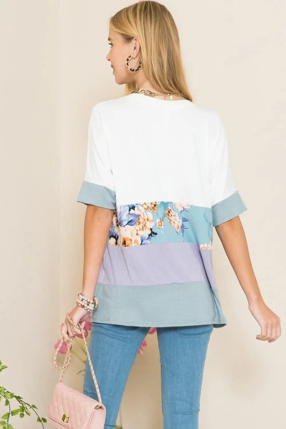 Love Salve Ivory & Lilac Colorblock Women's T-Shirt Casual Everyday Soft