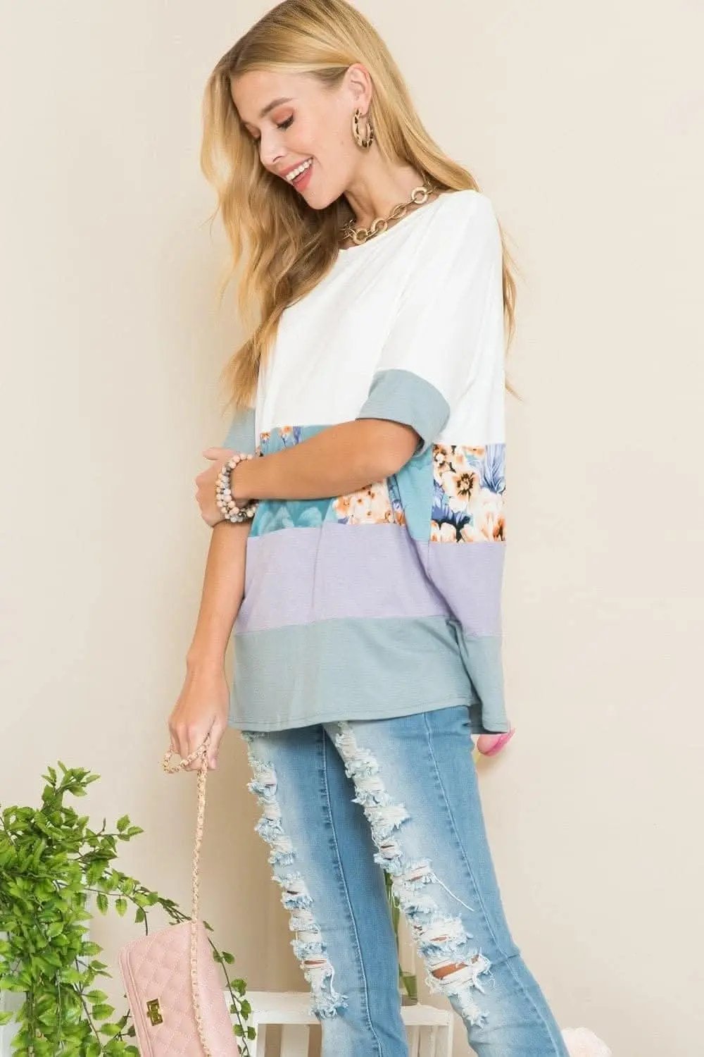 Love Salve Ivory & Lilac Colorblock Women's T-Shirt Casual Everyday Soft