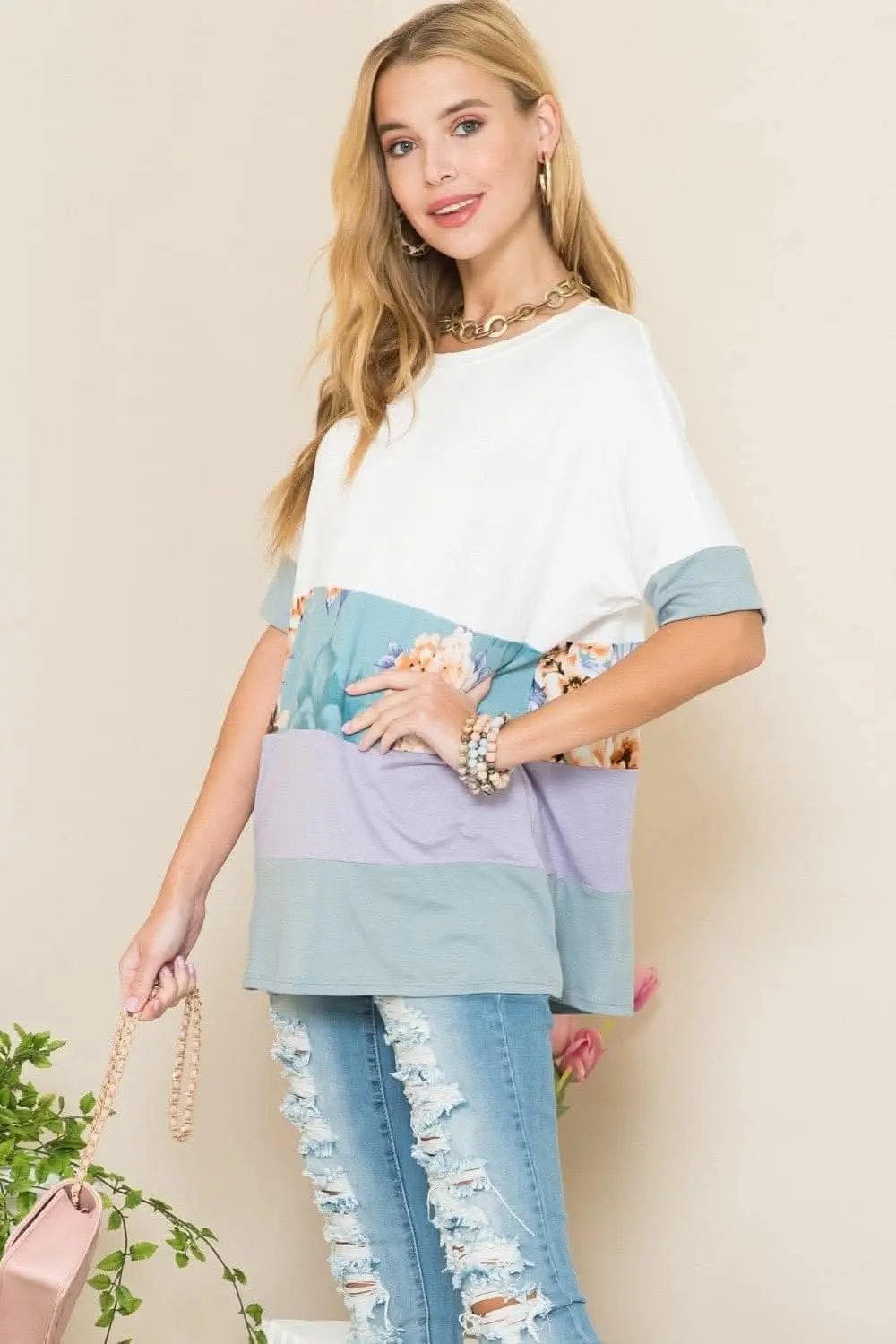 Love Salve Ivory & Lilac Colorblock Women's T-Shirt Casual Everyday Soft