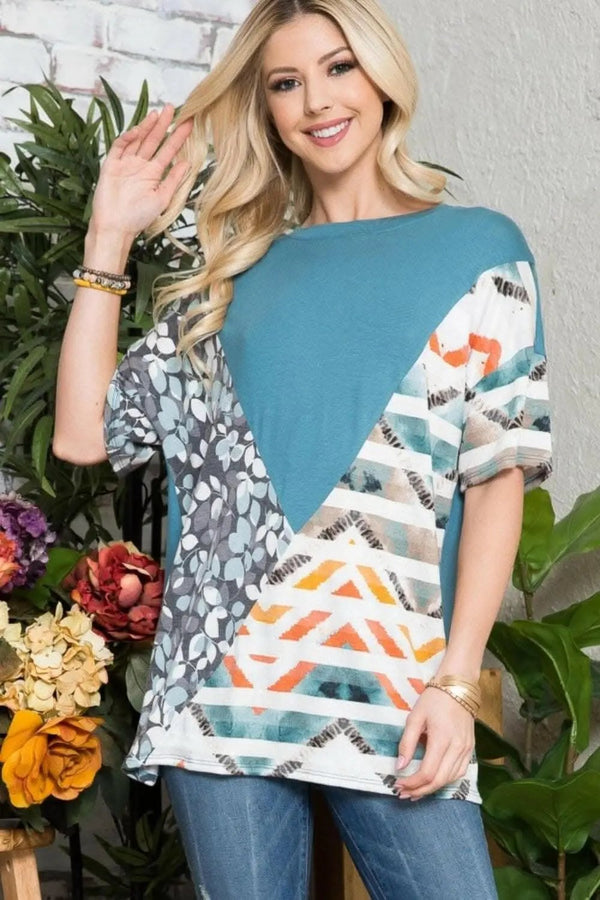 Love Salve Teal Color Block Tee Unisex Casual Top Soft, Comfy Fit T-Shirt
