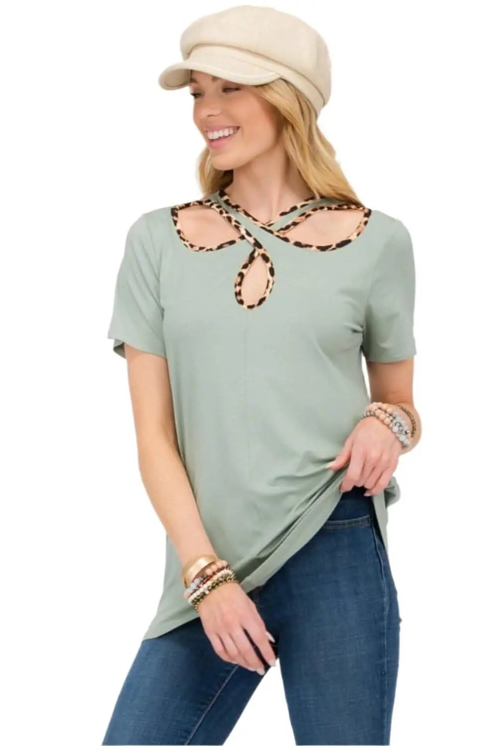 Love Salve Leopard Trim Tee Women's Everyday Crisscross Cutout T-Shirt Soft & Stylish